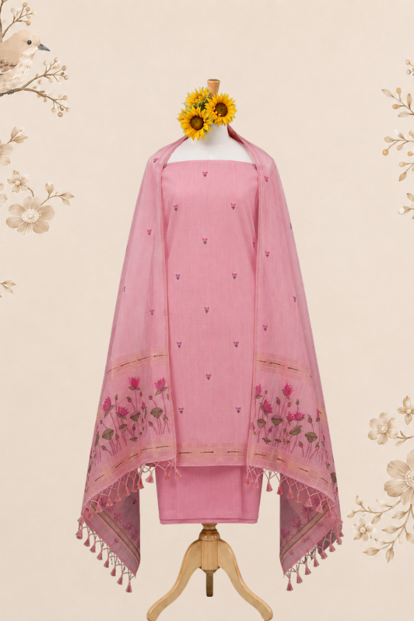 Kahani Pink Lotus Glow Muga Cotton UNSTITCH Dress Material with Zari B – kahani Life Style