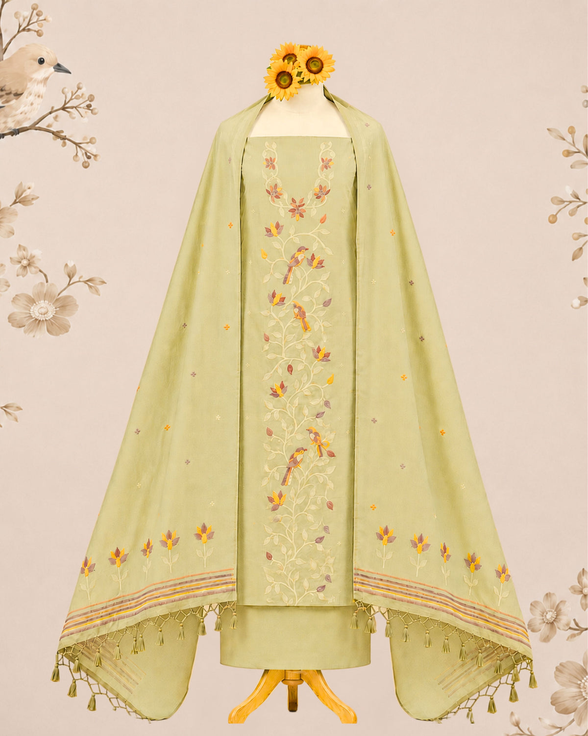 Olive Green Muga Cotton Suit Set with Bird Motif | Handwork