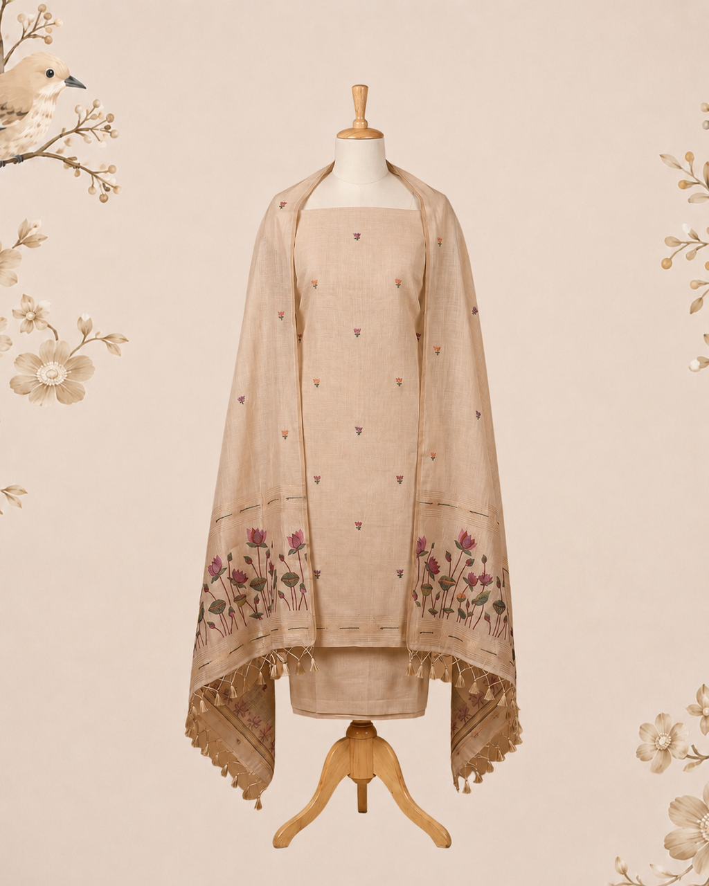 Kahani Lotus Whisper Muga Cotton Dress Material with Floral Border