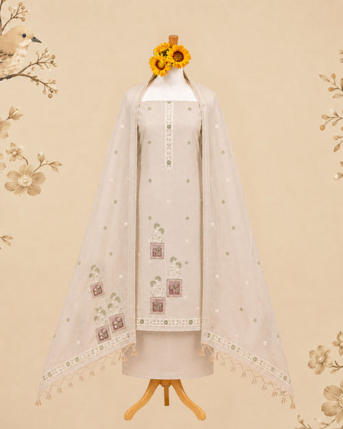 Beige Muga Cotton Suit Set with Handwork | Floral Panel Design