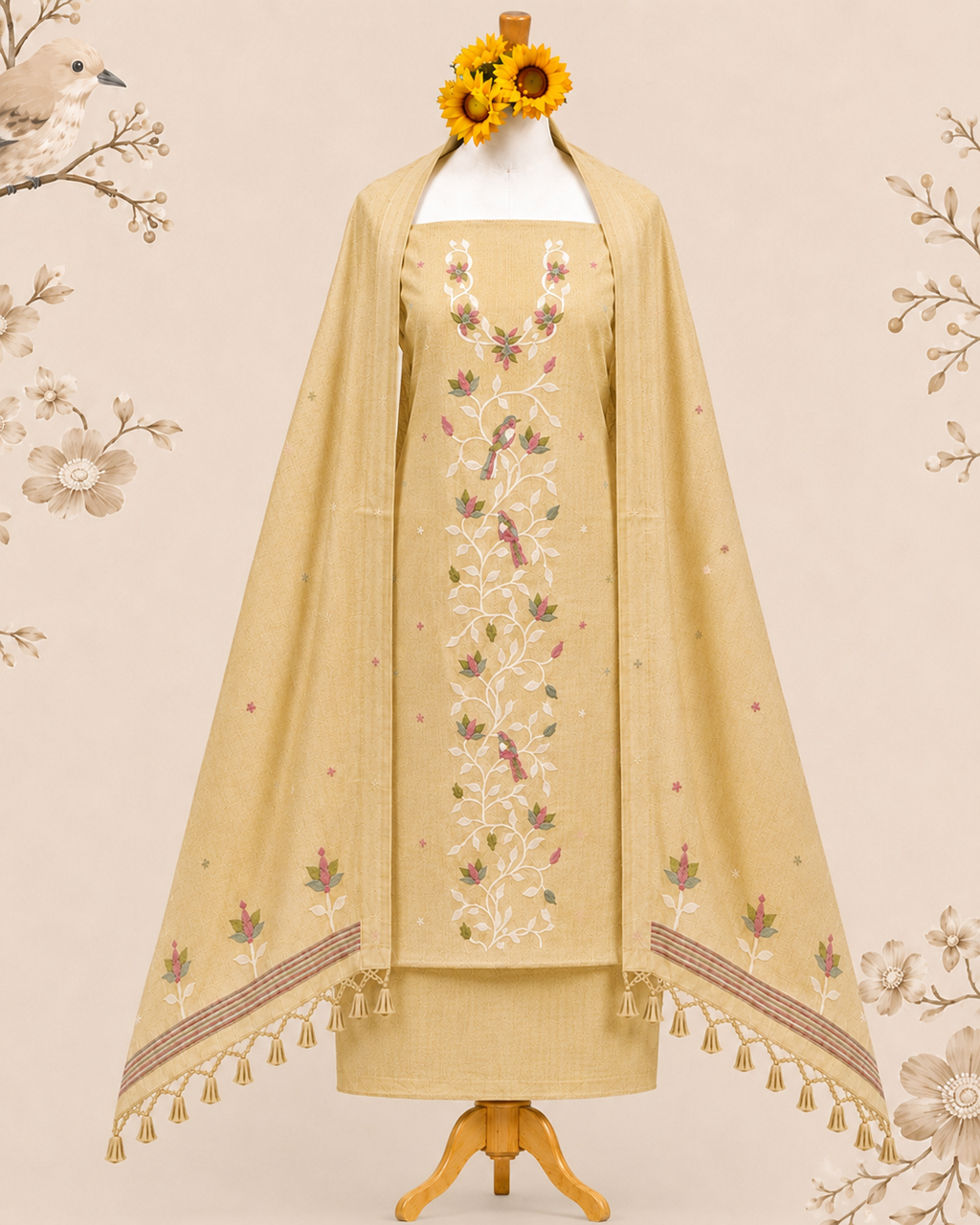 Mustard Muga Cotton Suit Set with Bird Motif | Handwork Dress Material