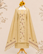 Mustard Muga Cotton Suit Set with Bird Motif | Handwork Dress Material