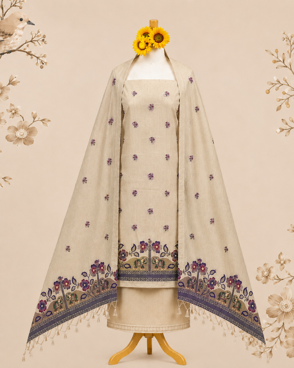 Ivory Floral Folk Muga Cotton unstitch Dress Materia