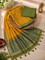 KAHANI Pure Raw Silk Mustard & Olive Green Unstitched Suit Set with Woven Zari Border and Tassel Dupatta