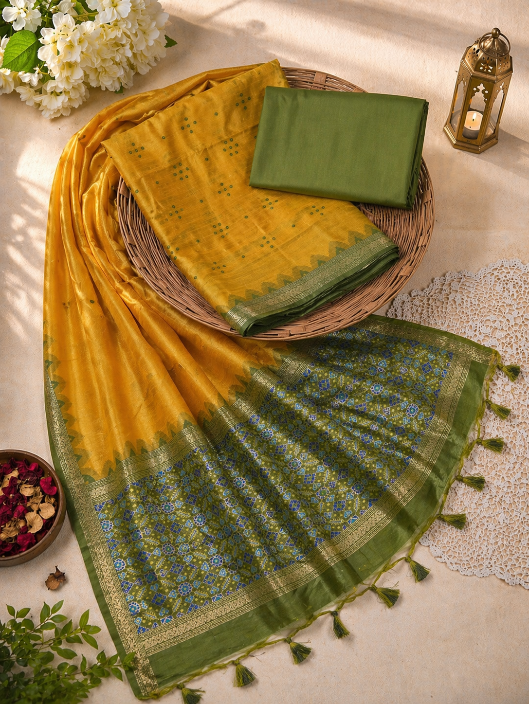 KAHANI Pure Raw Silk Mustard & Olive Green Unstitched Suit Set with Woven Zari Border and Tassel Dupatta