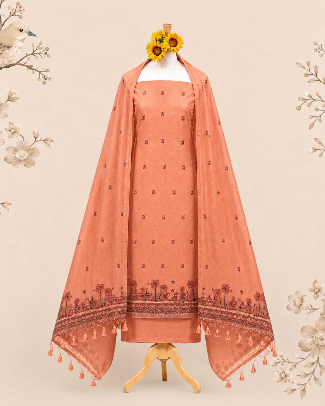 Rust Orange Muga Cotton Suit Set | Scenic Village Print