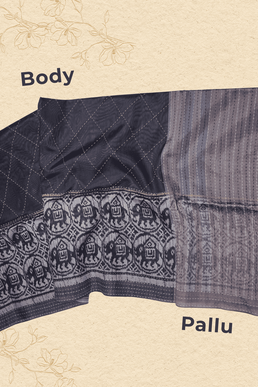 Midnight Ikat Whisper – Matka Tussar Silk Saree WITH KATHA NARRATIVES