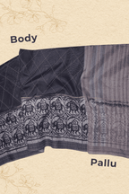 Midnight Ikat Whisper – Matka Tussar Silk Saree WITH KATHA NARRATIVES