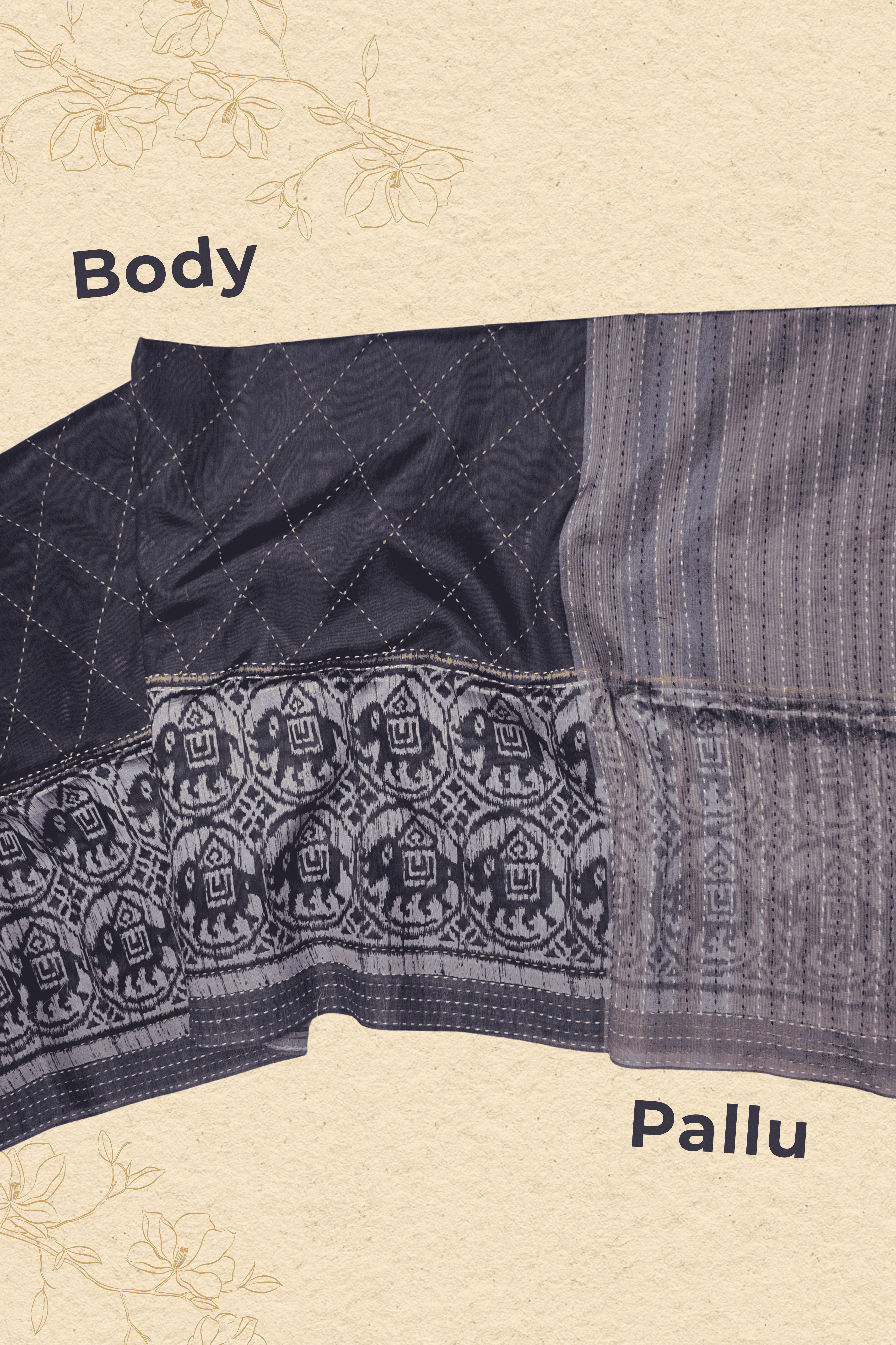 Midnight Ikat Whisper – Matka Tussar Silk Saree WITH KATHA NARRATIVES