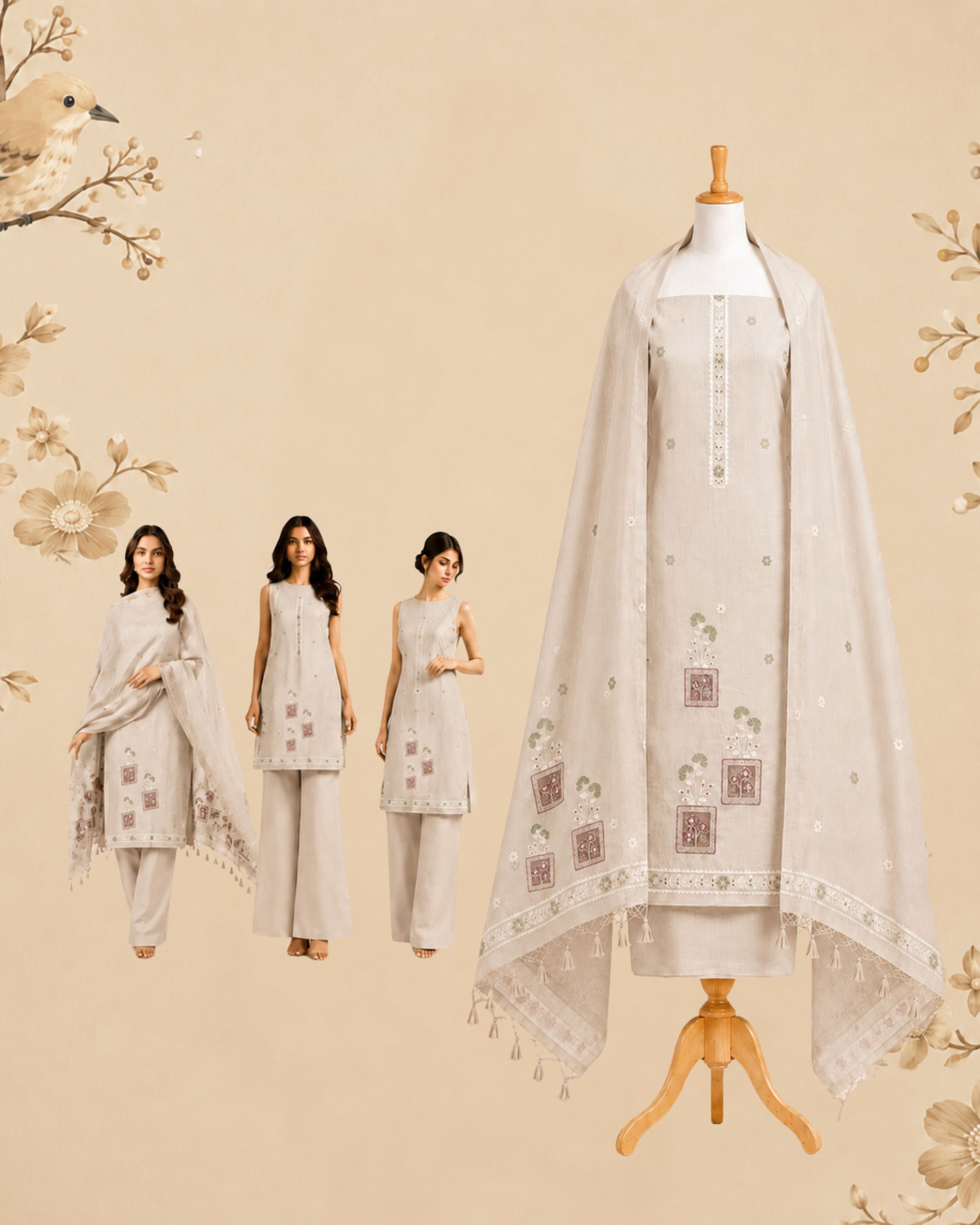 Beige Muga Cotton Suit Set with Handwork | Floral Panel Design