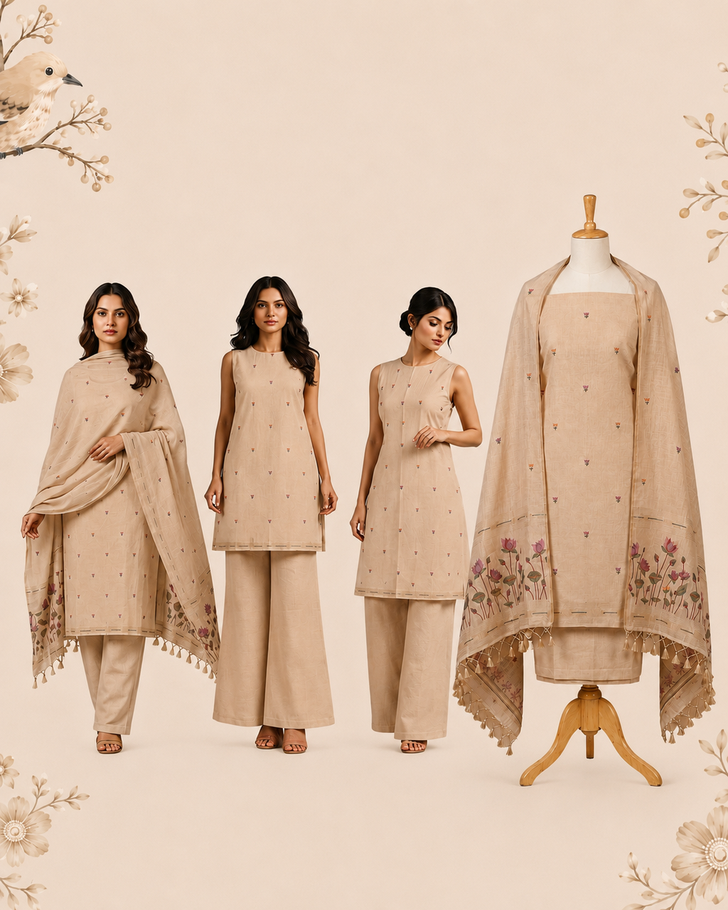 Kahani Lotus Whisper Muga Cotton Dress Material with Floral Border