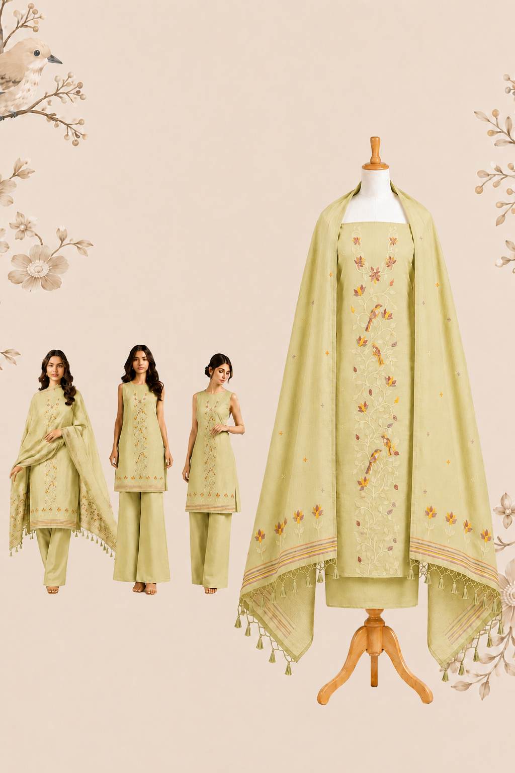 Olive Green Muga Cotton Suit Set with Bird Motif | Handwork