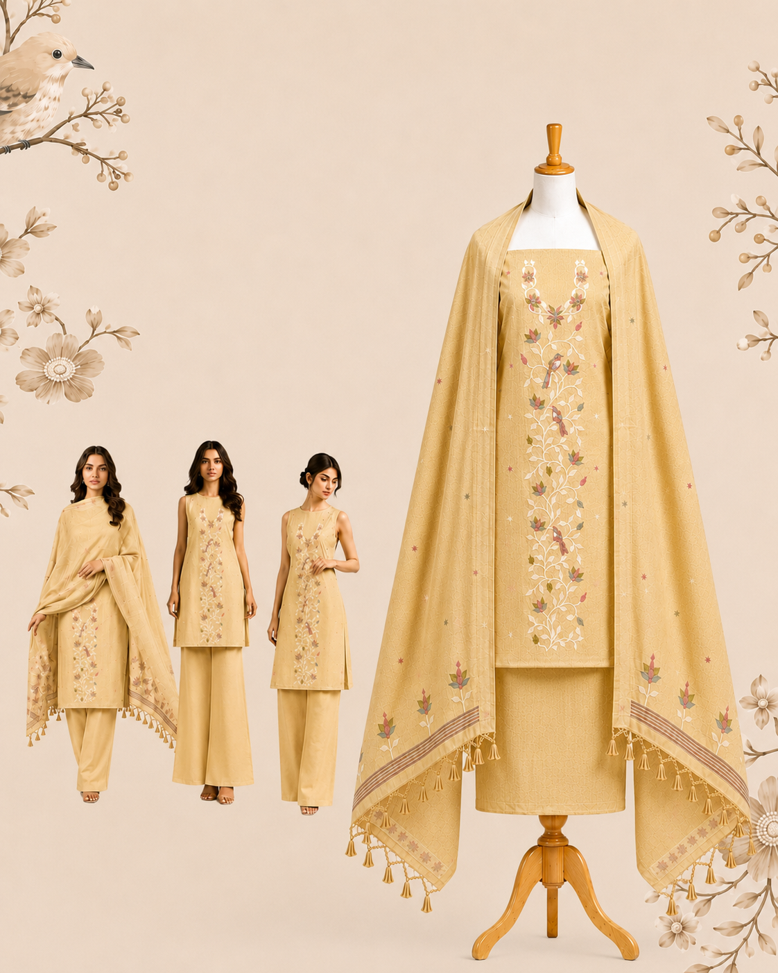 Mustard Muga Cotton Suit Set with Bird Motif | Handwork Dress Material