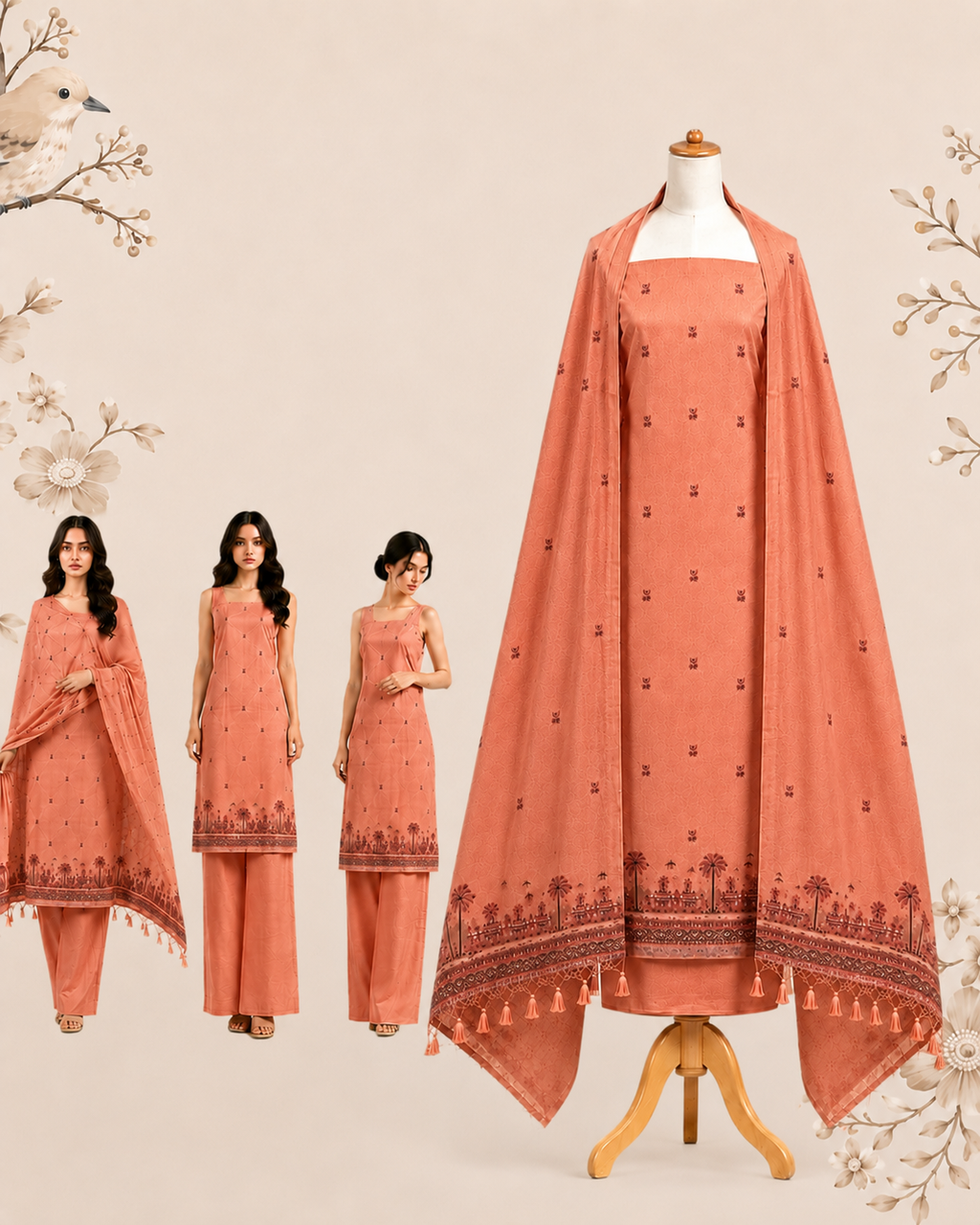 Rust Orange Muga Cotton Suit Set | Scenic Village Print
