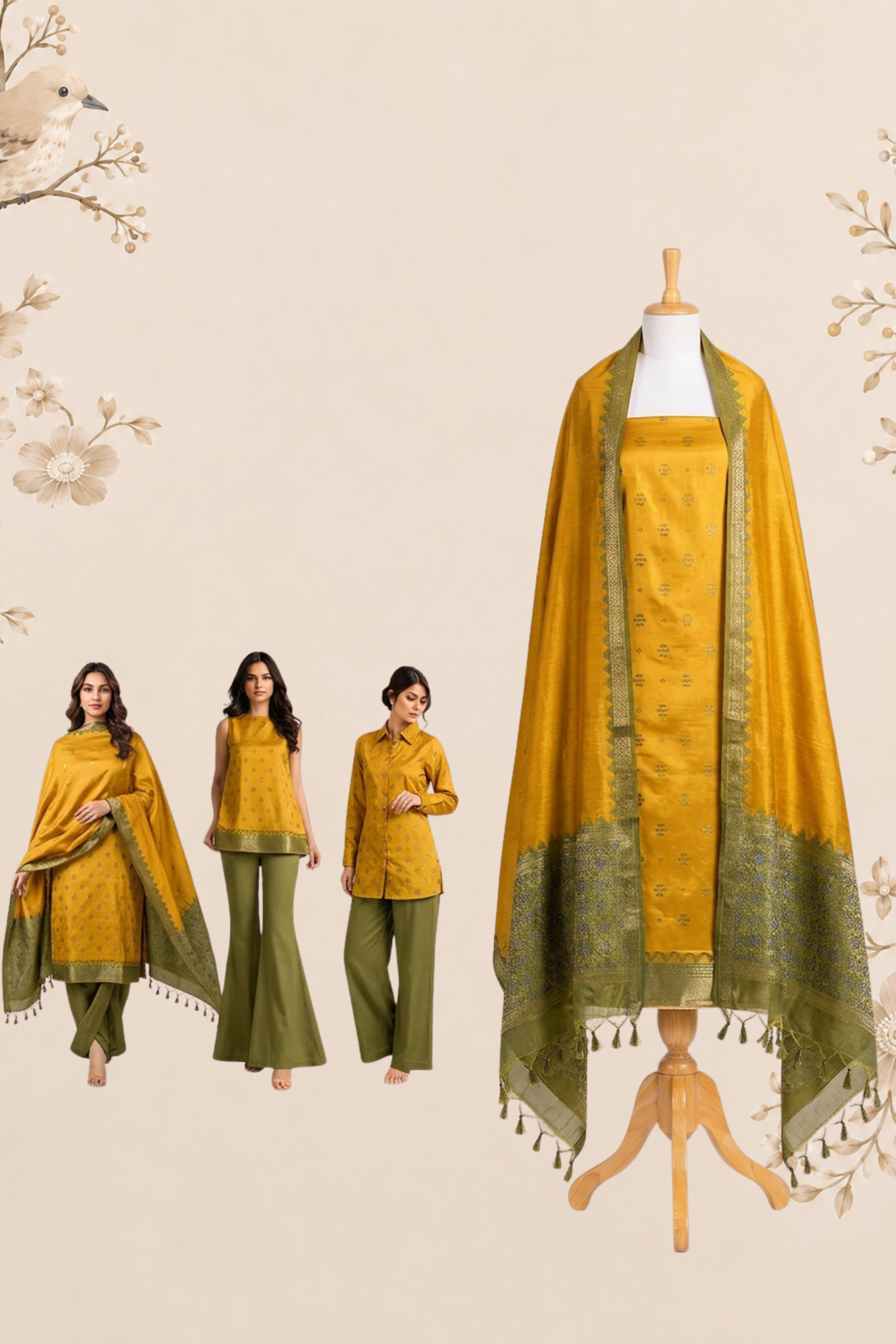 KAHANI Pure Raw Silk Mustard & Olive Green Unstitched Suit Set with Woven Zari Border and Tassel Dupatta