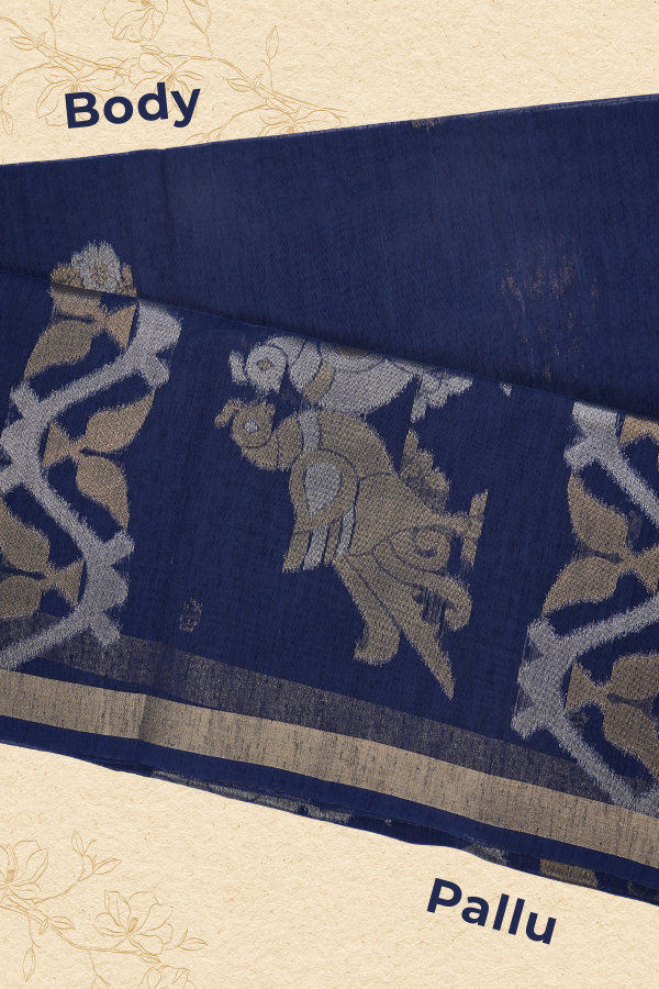 Royal Indigo Tale – Premium Muga Linen with Zari Accents