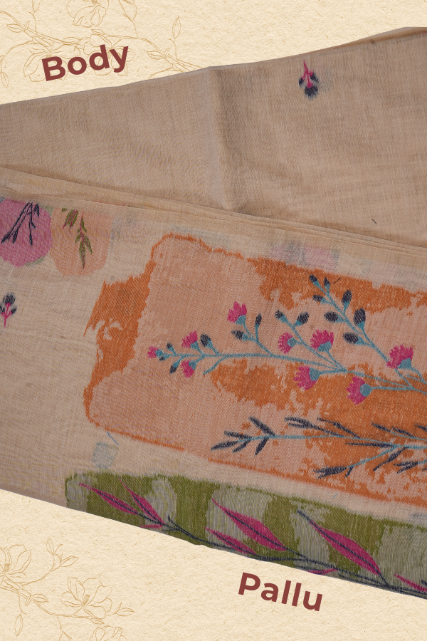 Elegant Cream Muga Cotton Saree with Multicolor Floral Weave & Handcrafted Art Pallu