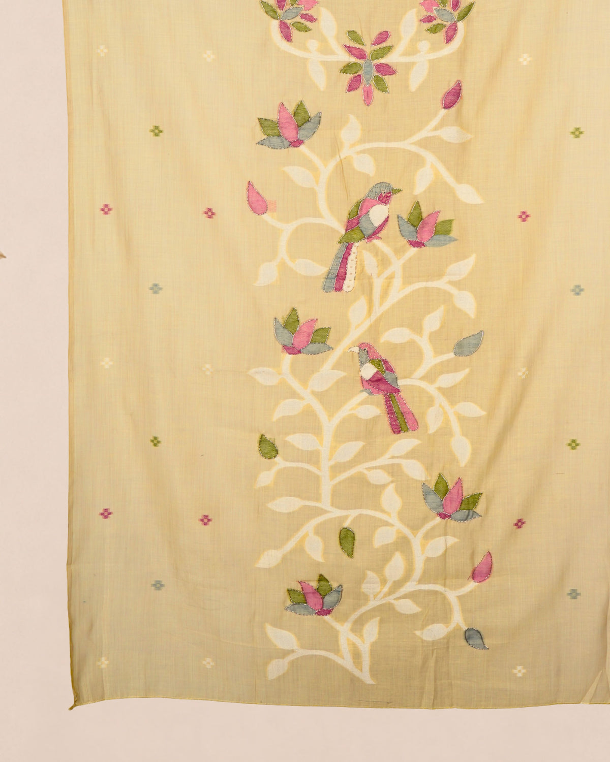 Mustard Muga Cotton Suit Set with Bird Motif | Handwork Dress Material