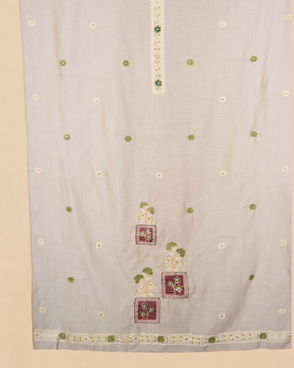 Beige Muga Cotton Suit Set with Handwork | Floral Panel Design