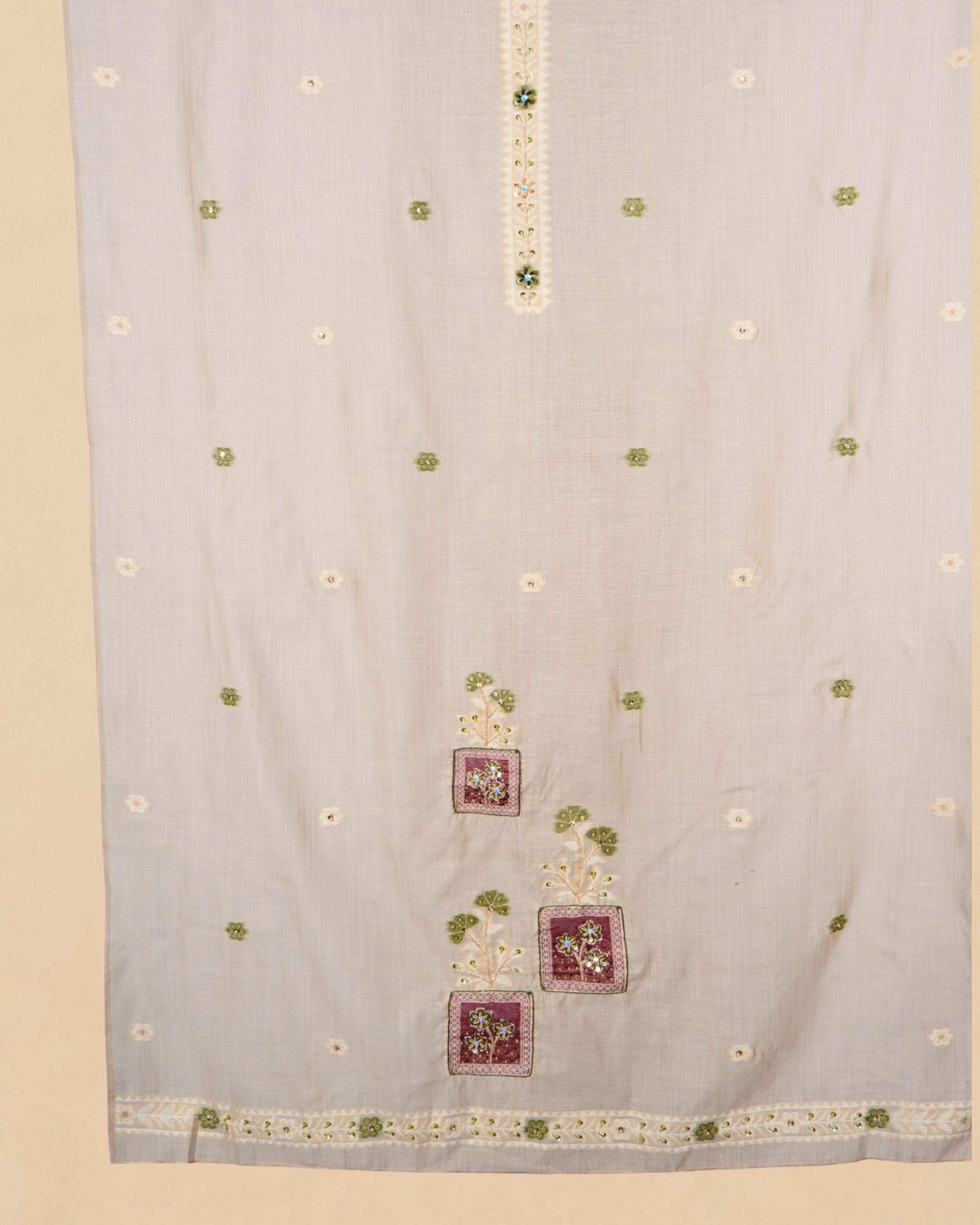 Beige Muga Cotton Suit Set with Handwork | Floral Panel Design
