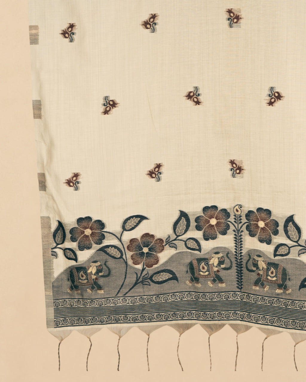 Ivory Floral Folk Muga Cotton unstitch Dress Materia