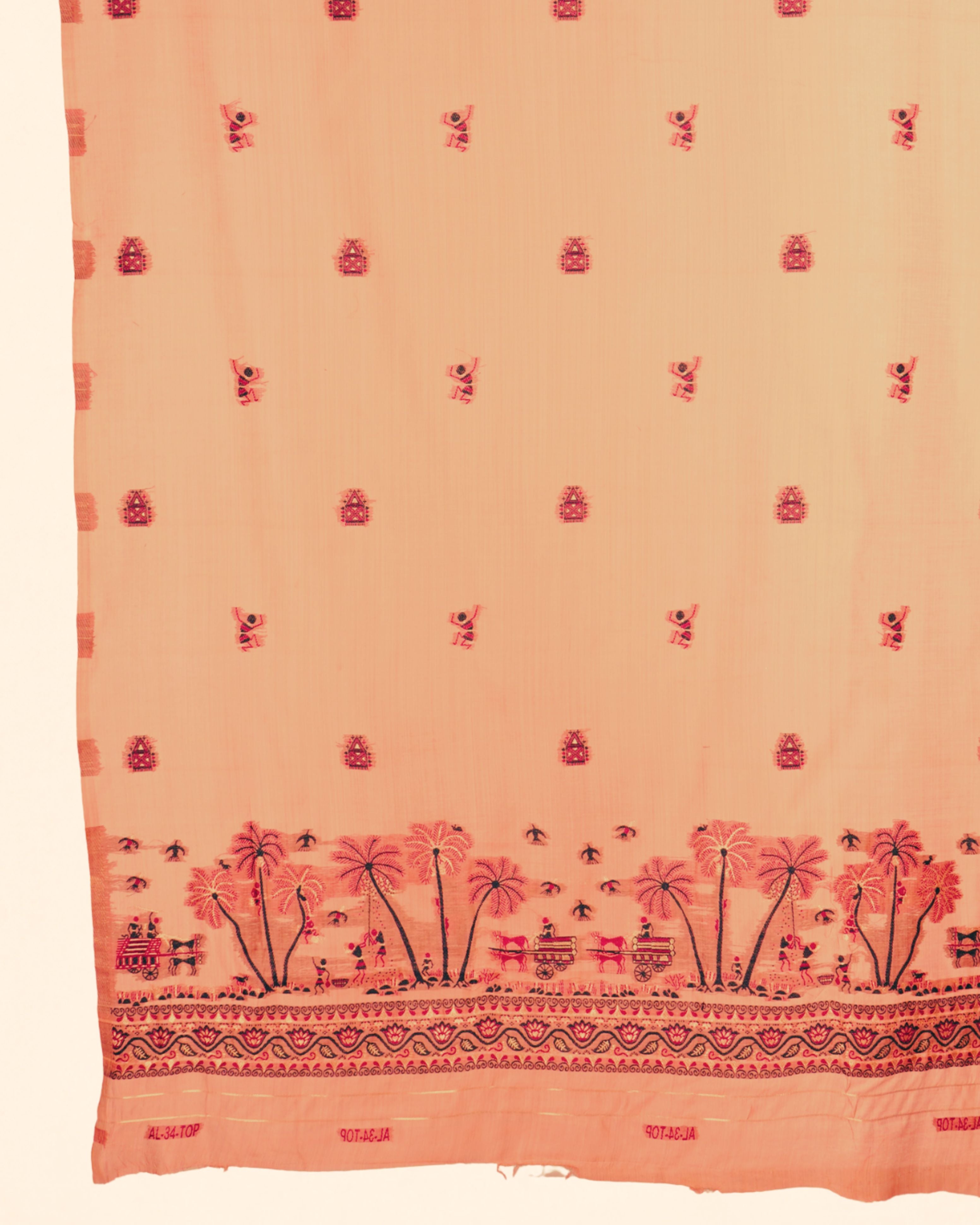 Rust Orange Muga Cotton Suit Set | Scenic Village Print