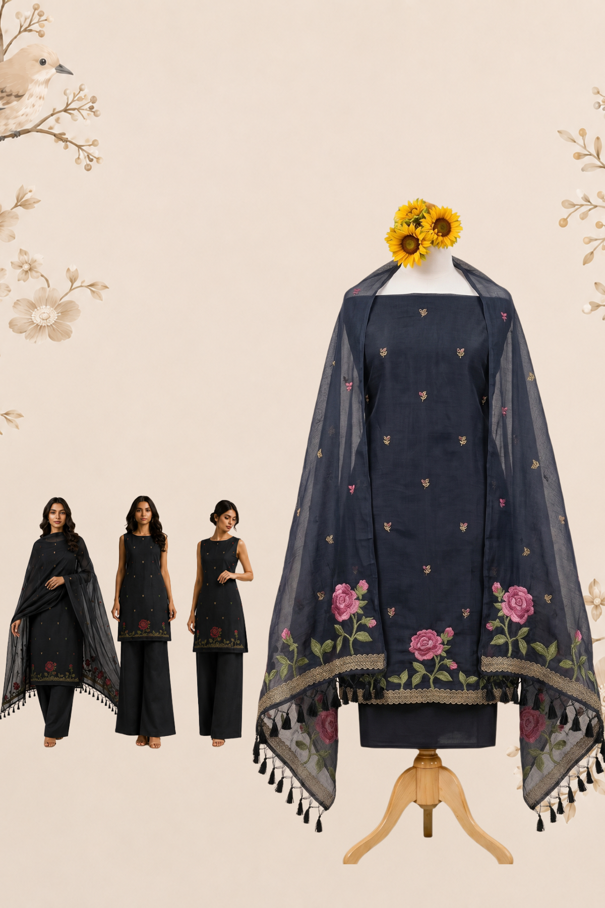 Midnight BLACK Muga Cotton Unstitch Dress Material with Rose Motifs