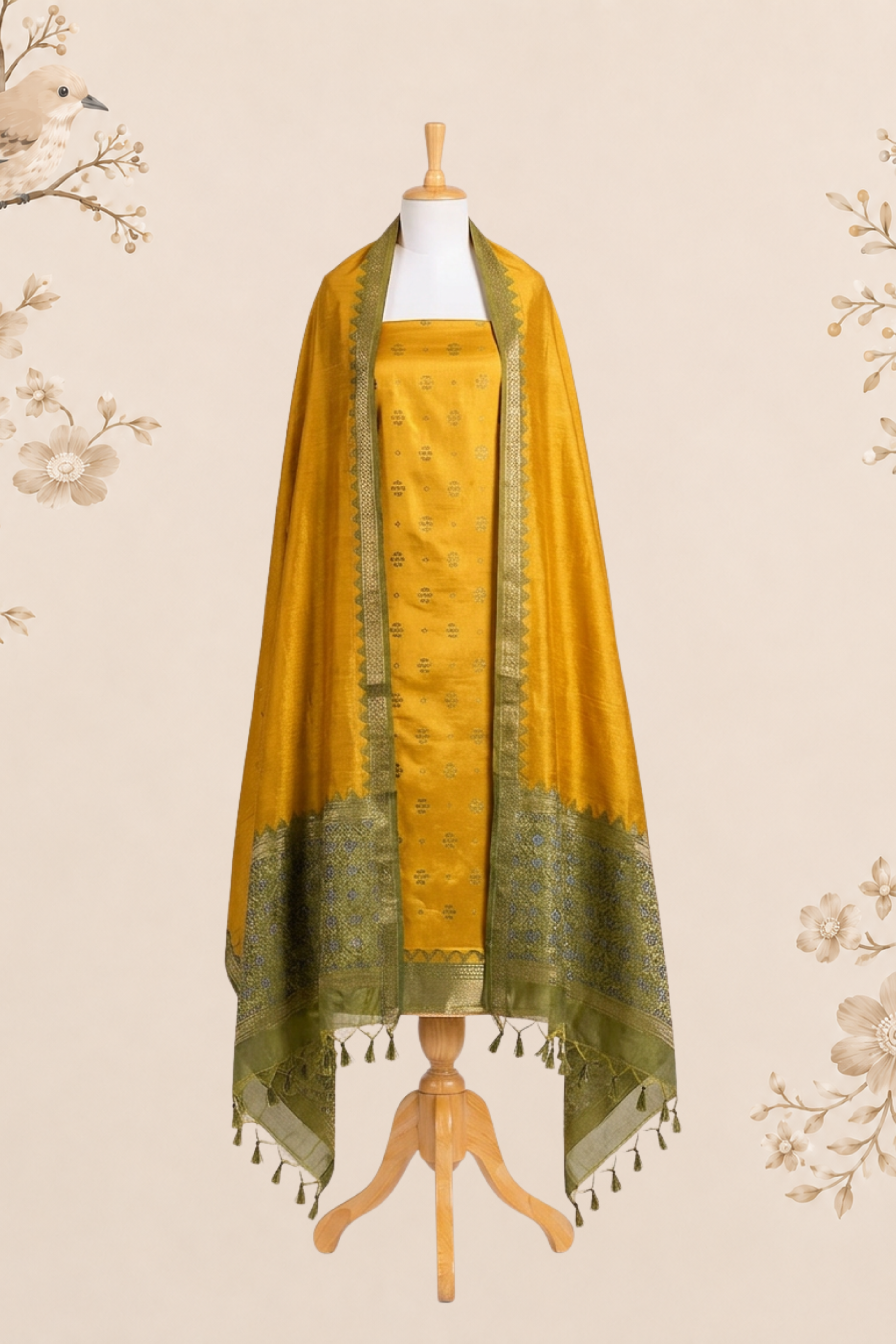 KAHANI Pure Raw Silk Mustard & Olive Green Unstitched Suit Set with Woven Zari Border and Tassel Dupatta