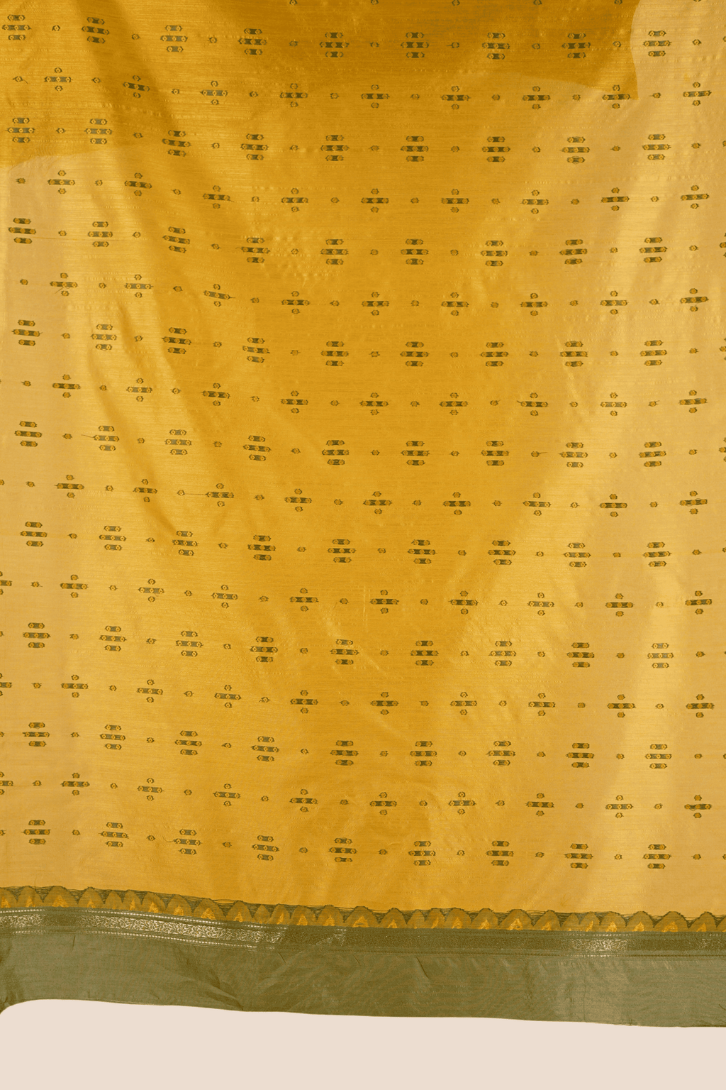 KAHANI Pure Raw Silk Mustard & Olive Green Unstitched Suit Set with Woven Zari Border and Tassel Dupatta