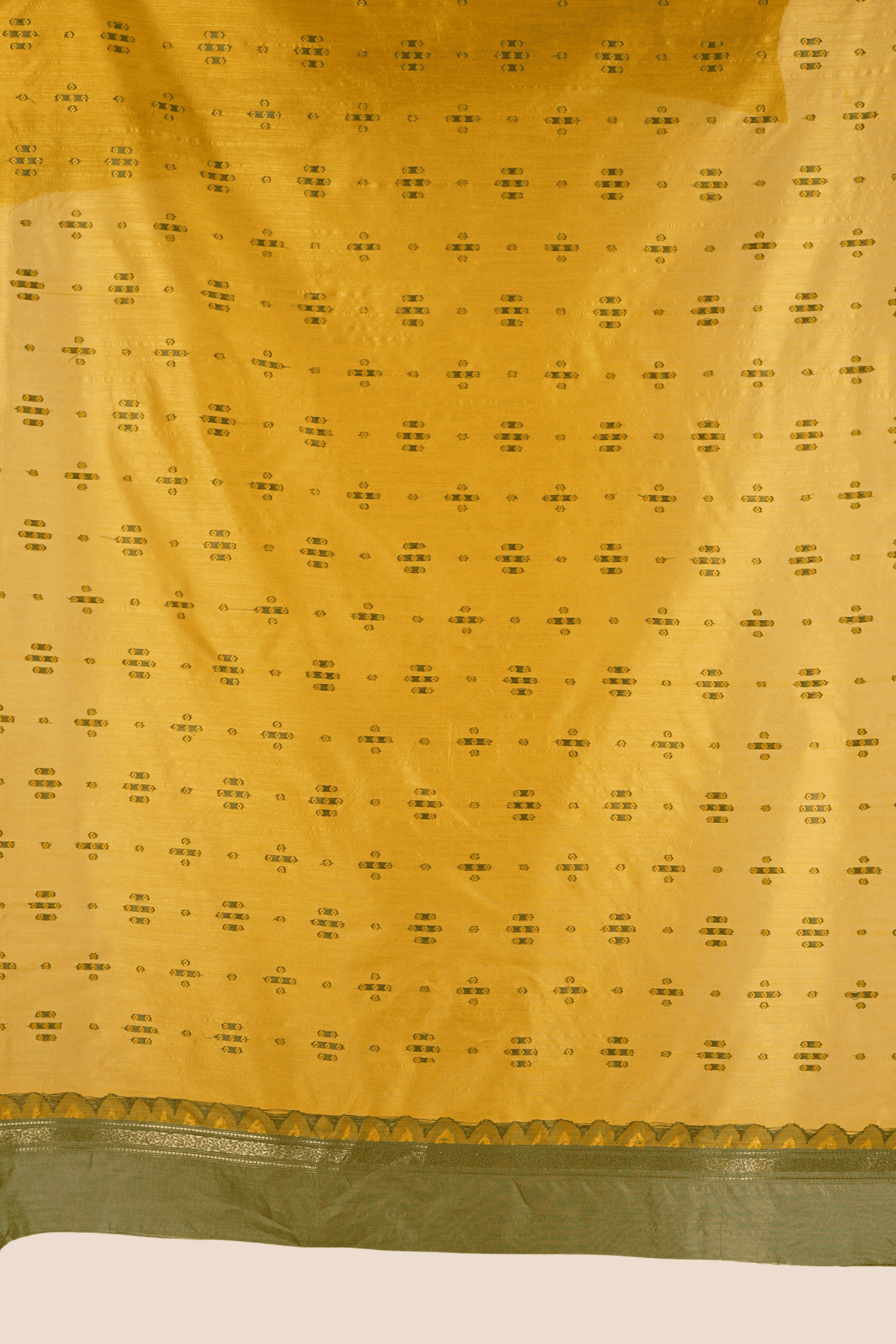 KAHANI Pure Raw Silk Mustard & Olive Green Unstitched Suit Set with Woven Zari Border and Tassel Dupatta