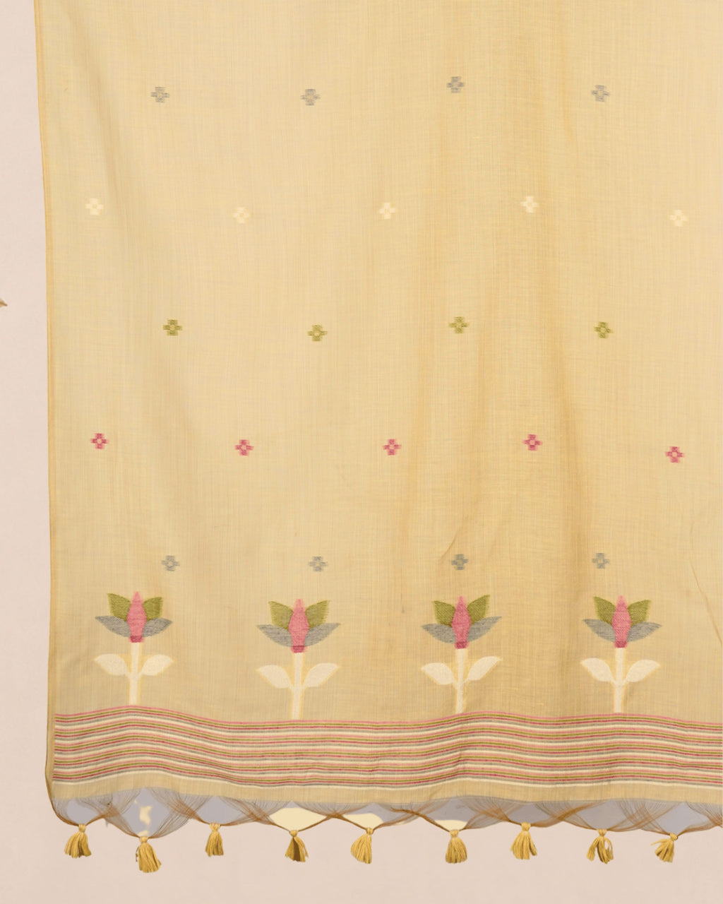 Mustard Muga Cotton Suit Set with Bird Motif | Handwork Dress Material