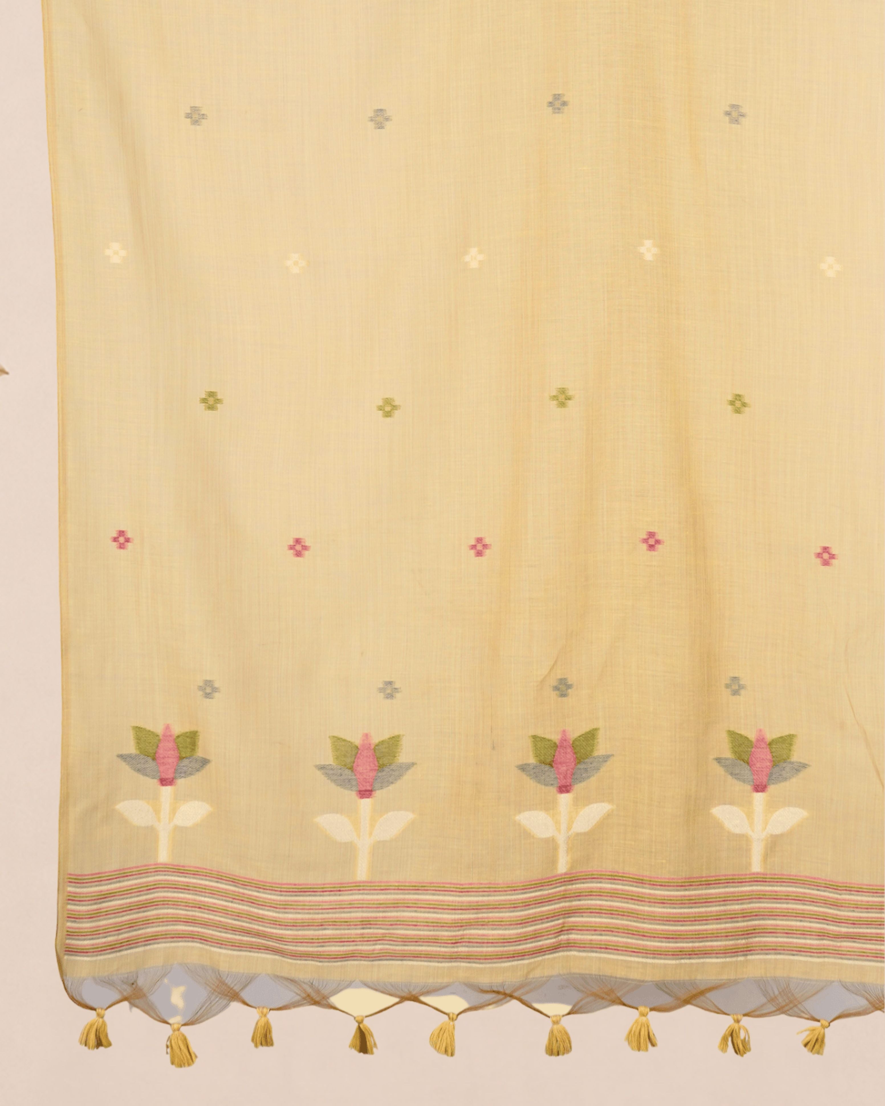 Mustard Muga Cotton Suit Set with Bird Motif | Handwork Dress Material