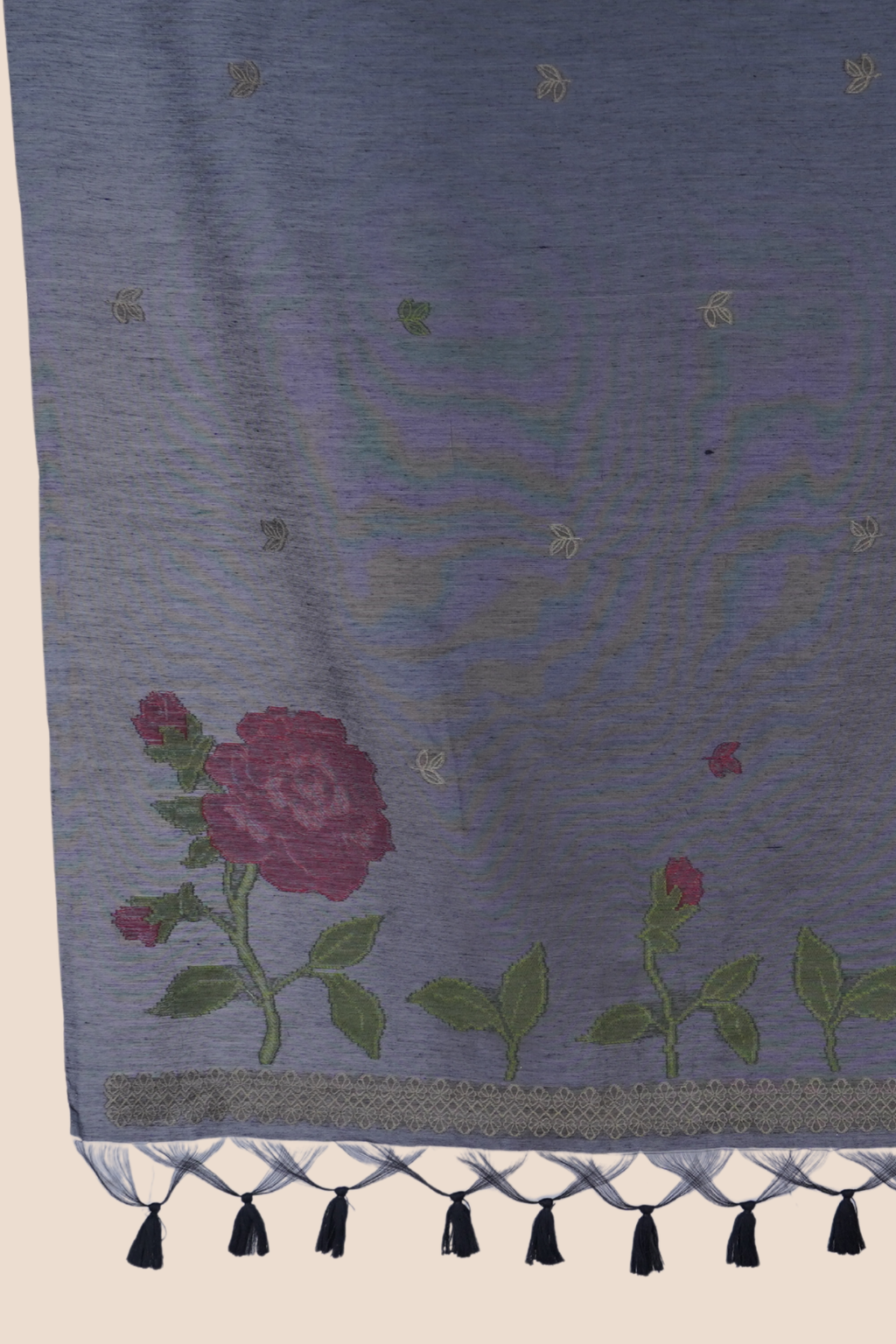 Midnight BLACK Muga Cotton Unstitch Dress Material with Rose Motifs