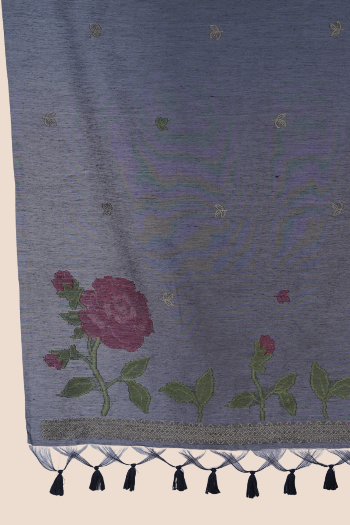 Midnight BLACK Muga Cotton Unstitch Dress Material with Rose Motifs