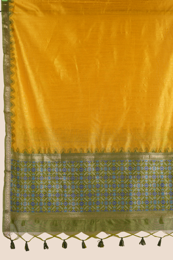 KAHANI Pure Raw Silk Mustard & Olive Green Unstitched Suit Set with Woven Zari Border and Tassel Dupatta