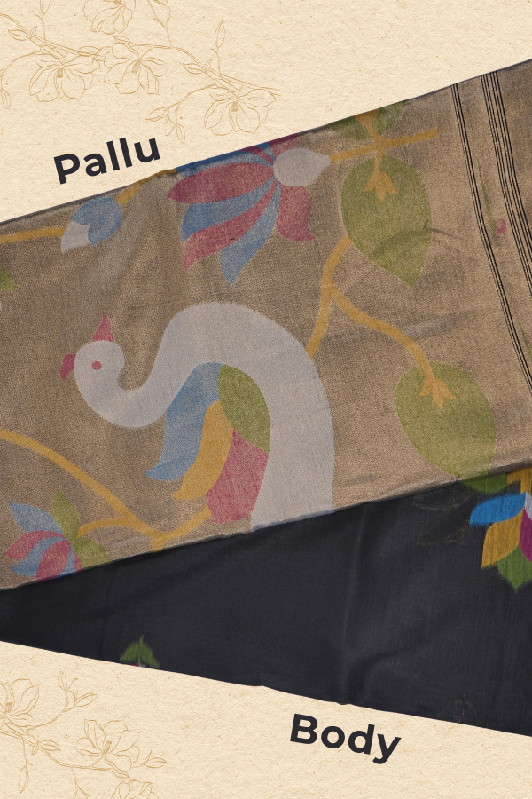 Minimal Black Cotton Saree with Gold Zari Pallu