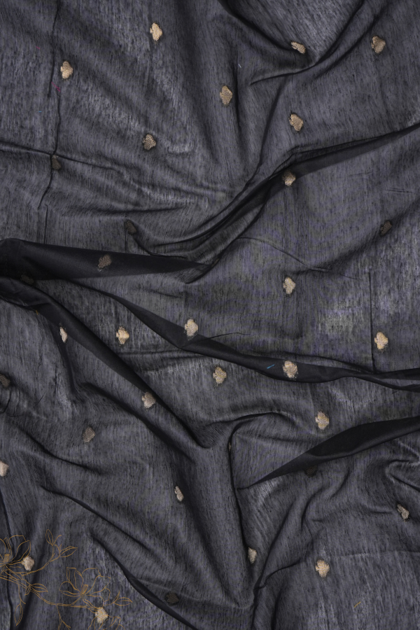 Minimal Black Cotton Saree with Gold Zari Pallu