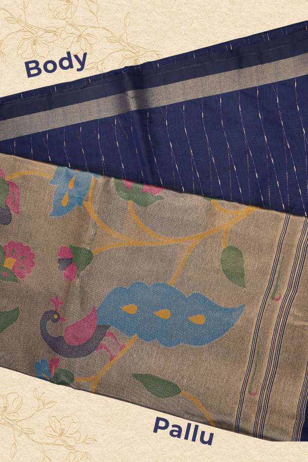 Navy Blue Soft Cotton Saree with Zari Pallu for festive elegance