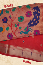 Rakta Vana Paithani-Inspired Soft Raw Silk Saree – Handwoven Gold Zari with Peacock & Floral Pallu