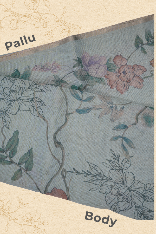 Mint Meadow Floral zari Linen Saree with Digital Print