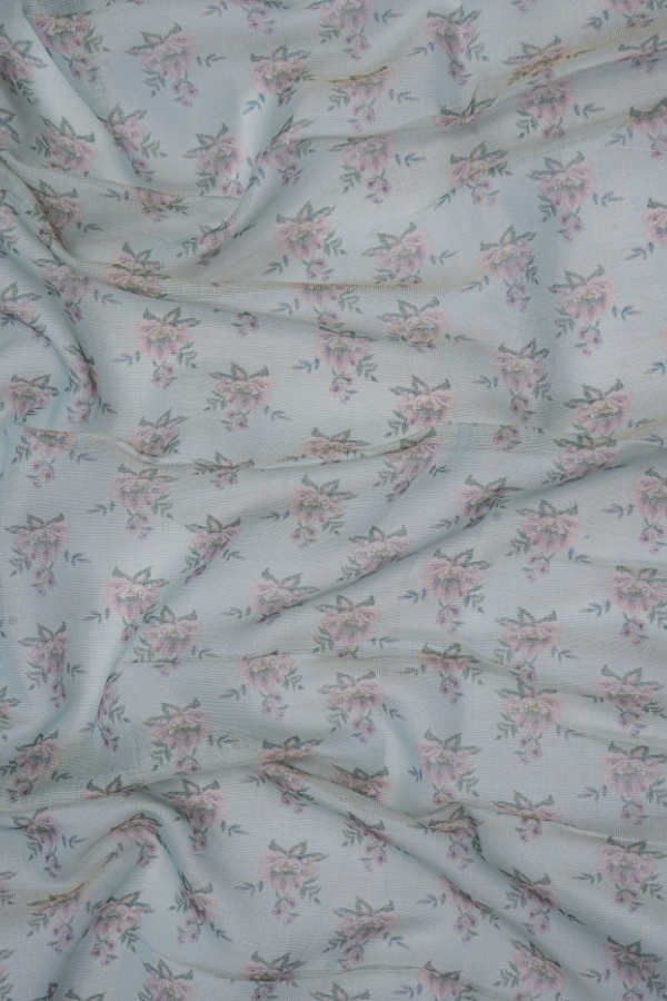 Mint Meadow Floral zari Linen Saree with Digital Print