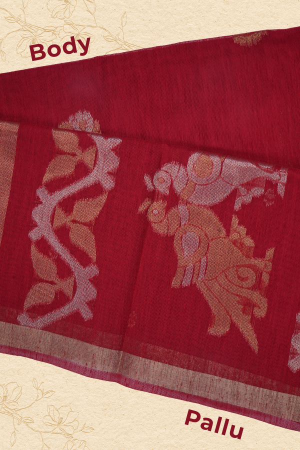 The Royal RED – Crimson Muga Linen Saree with Intricate Gold Motifs