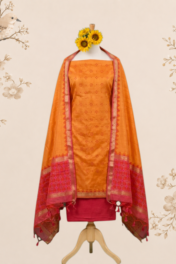Sunset Orange Pure Raw Silk Unstitched Dress Material with Woven Butis & Ornate Red Dupatta