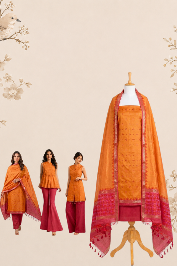 Sunset Orange Pure Raw Silk Unstitched Dress Material with Woven Butis & Ornate Red Dupatta