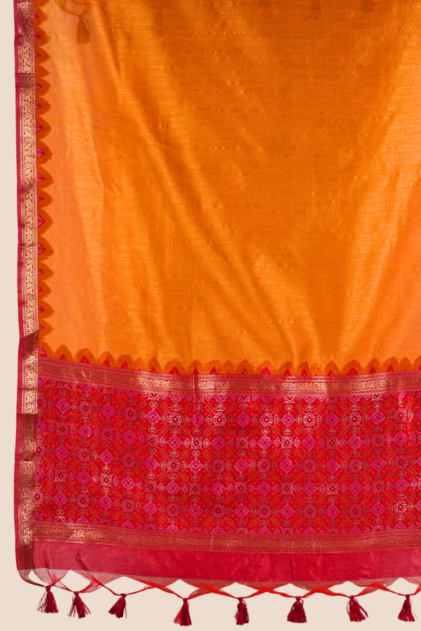 Sunset Orange Pure Raw Silk Unstitched Dress Material with Woven Butis & Ornate Red Dupatta
