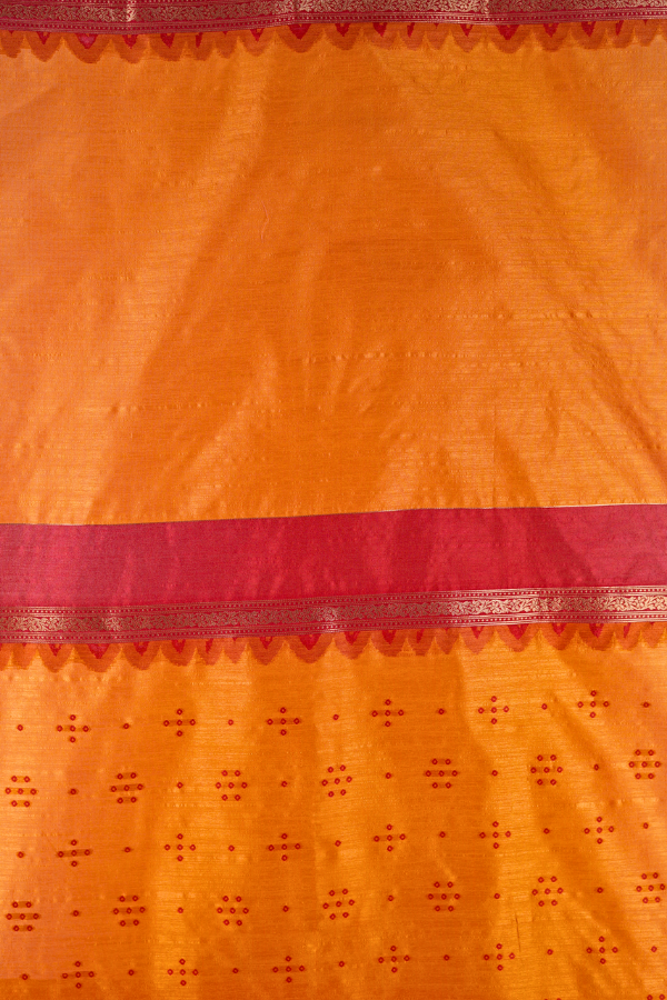 Sunset Orange Pure Raw Silk Unstitched Dress Material with Woven Butis & Ornate Red Dupatta