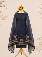 Midnight BLACK Muga Cotton Unstitch Dress Material with Rose Motifs