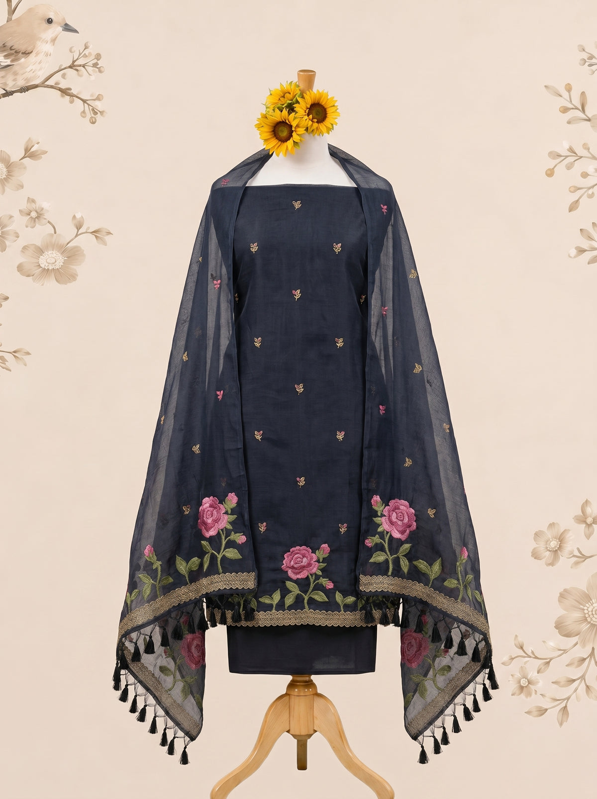 Midnight BLACK Muga Cotton Unstitch Dress Material with Rose Motifs