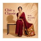 A woman wearing a deep maroon saree with gold borders and floral motifs on the pallu, seated on a minimalist black bench against a warm beige background with decorative shadows. Text on the image reads 'Chic & Classic' and 'Bold.
