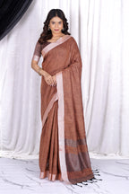 Classic plain rust brown linen saree for everday elegance